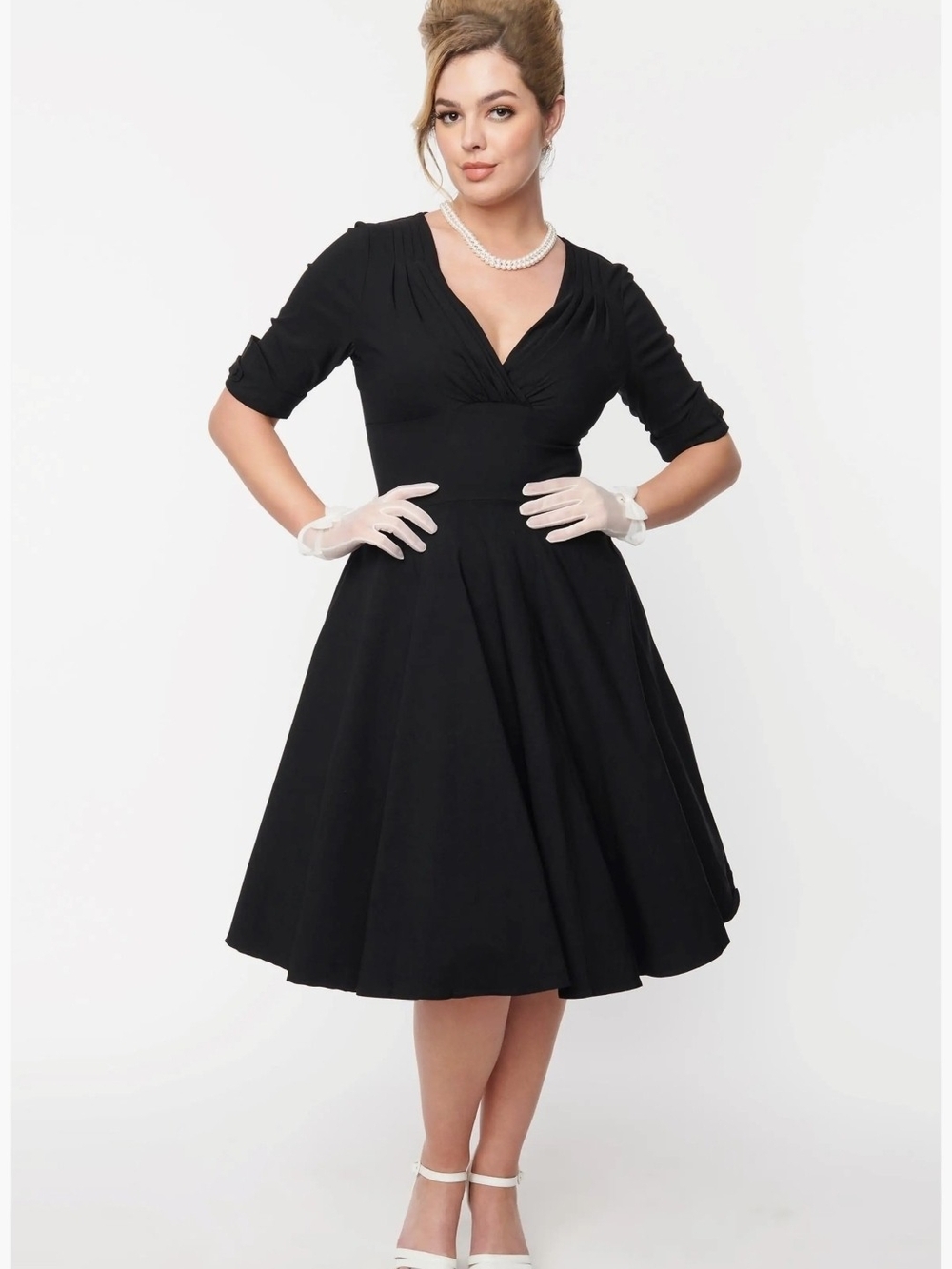 Unique Vintage Black V-Neck Fit & Flare Midi Dress